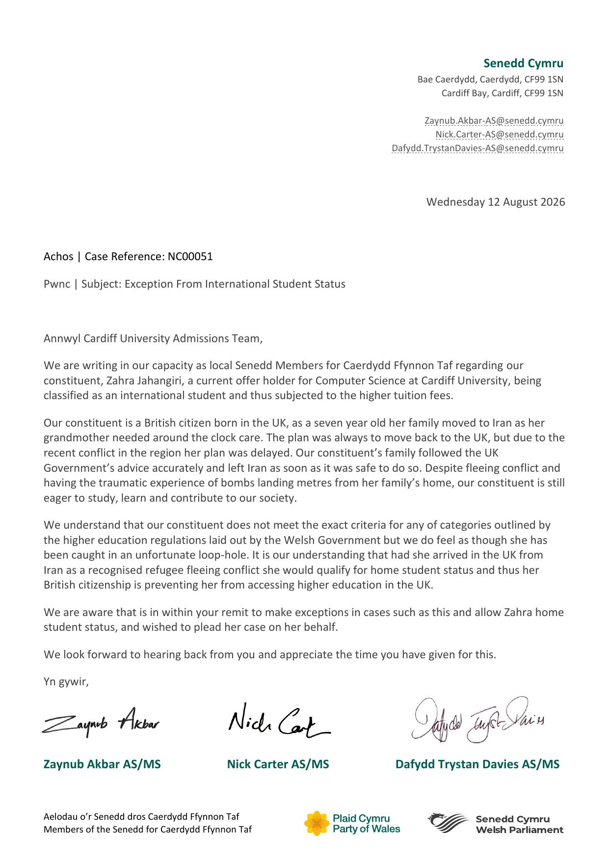 Letter from Senedd Members Zaynub Akbar, Nick Carter and Dafydd Trystan Davies to the Cardiff University Admissions Team, signed by all three.
